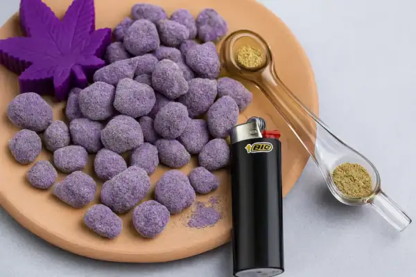 Step-by-step visual guide showing how to smoke Moonrocks — a few small broken pieces on a tray beside a clean glass pipe and lighter, with vivid purple tones and Moonrock Online Shop branding.