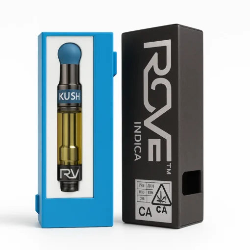 Rove Kush Indica Vape Cartridge – Premium THC Oil Cart with Packaging “Rove Kush Indica vape cartridge in blue box beside branded black packaging on white background.