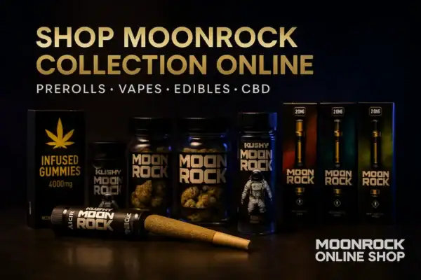 Shop Moonrock Collection Online — premium prerolls, vapes, edibles, and CBD products displayed on a luxury store counter from Moonrock Online Shop.