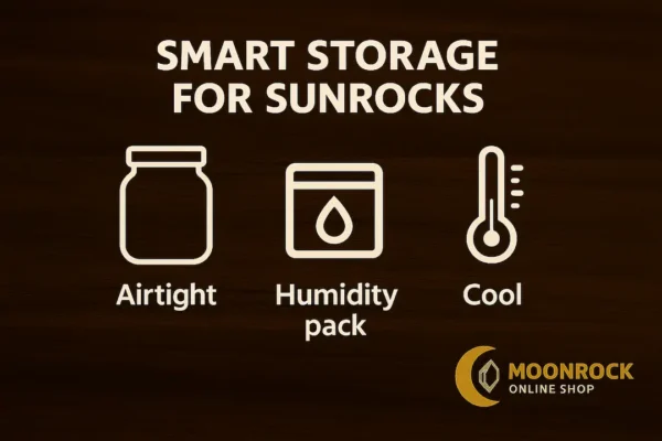 Smart Storage for Sunrocks infographic showing airtight jar, humidity pack, and thermometer icons with text ‘Keep Fresh: Airtight • Cool • Dark’, Moonrock Online Shop branding.