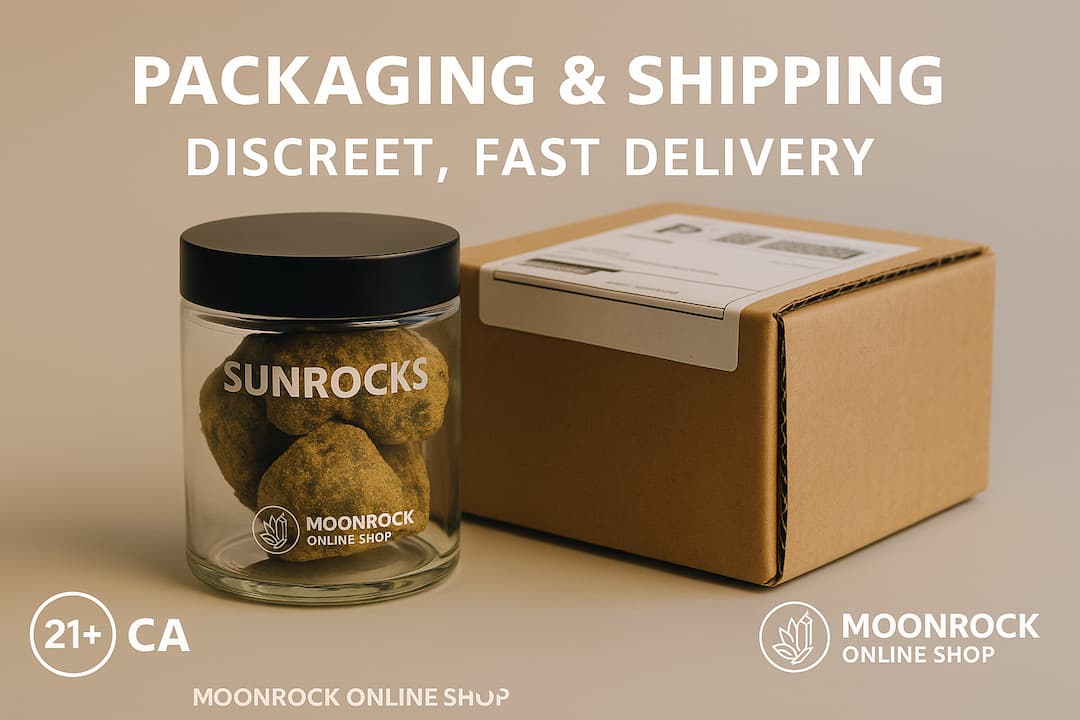 Discreet sun rocks packaging showing child-resistant container