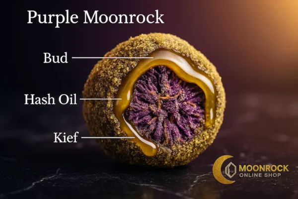 What Is Purple Moonrock – Granddaddy Purple flower coated in hash oil and rolled in kief, handcrafted and lab-tested by Moonrock Online Shop.