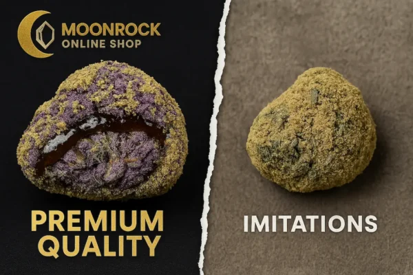 Comparison image showing real Purple Moonrock from Moonrock Online Shop vs generic imitation, highlighting premium hash oil, kief coating, and Granddaddy Purple quality.