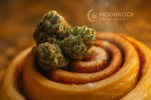 Berner Cookies Sticky Buns - Bakery-Fresh Cannabis Strain | Moonrock Berner Cookies Sticky Buns cannabis nugs on cinnamon roll with Moonrock Online Shop hologram