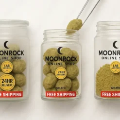 Buy Moonrock Online Now: Gelato strain moonrocks in frosted and clear glass jars, showing fresh nug, open view with tweezers, and raw kief.