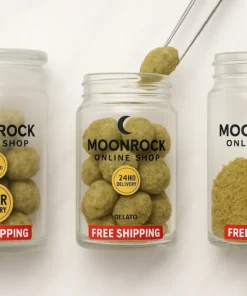 Buy Moonrock Online Now: Gelato strain moonrocks in frosted and clear glass jars, showing fresh nug, open view with tweezers, and raw kief.