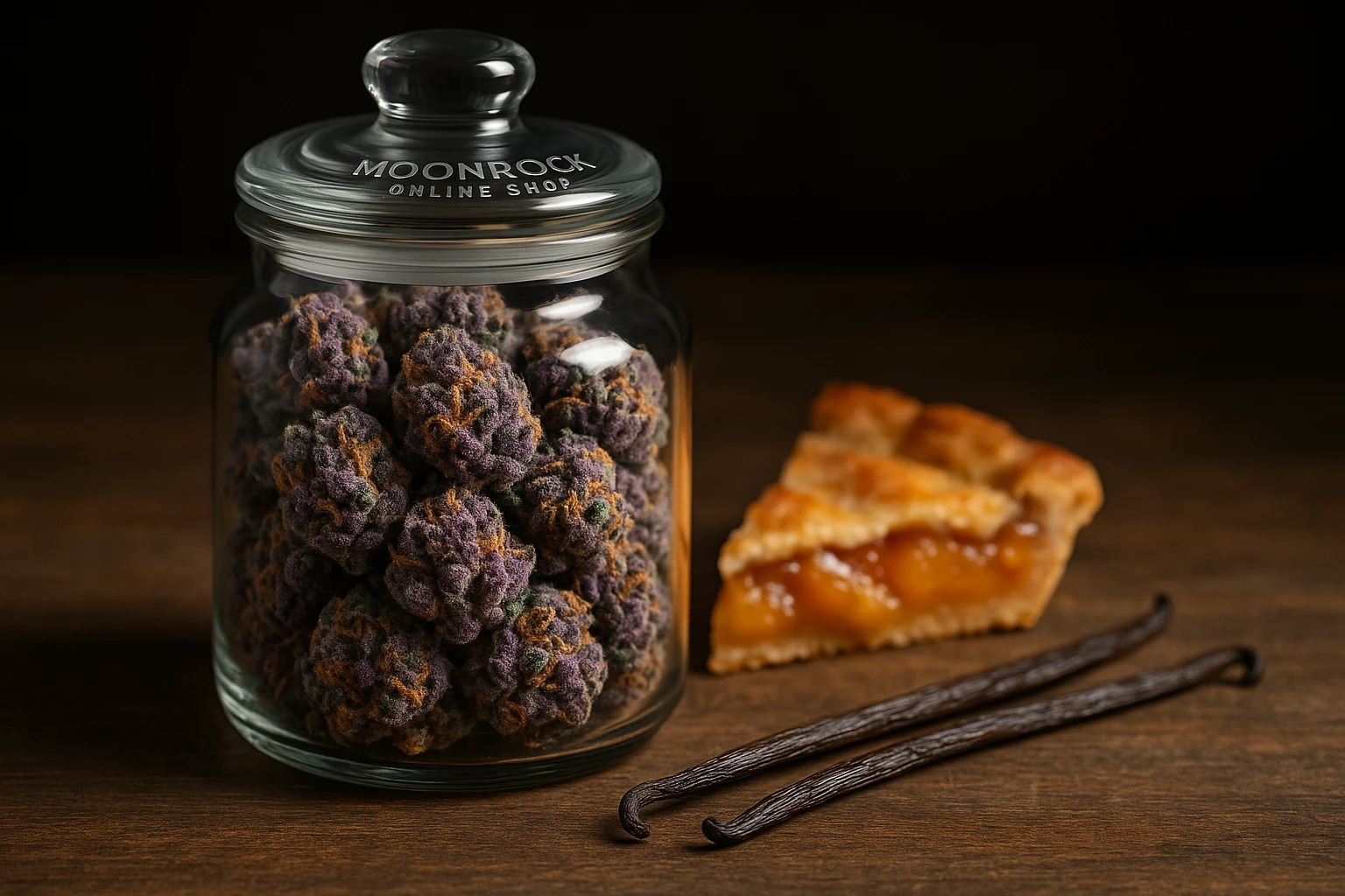 Georgia Pie Cookies Strain in glass jar - 28% THC - Moonrock Premium Flower