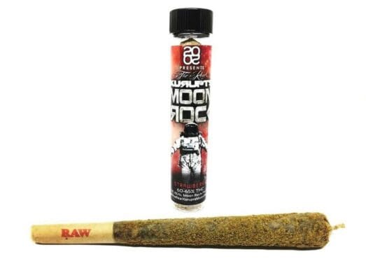 Close-up of Kurupts Moonrock preroll with sparkling kief and luxury branding