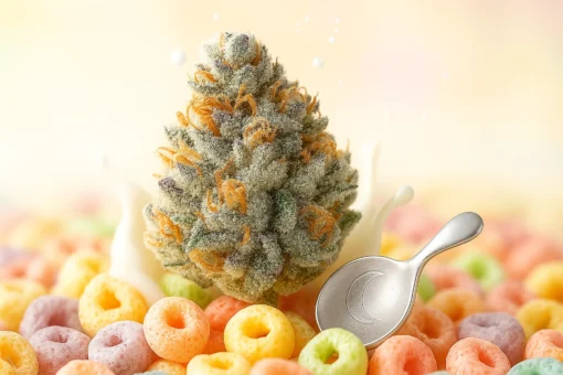 Premium Berner Cereal Milk Cookies Buds Berner Cereal Milk Cookies frosted cannabis buds on cereal background - Moonrock Online Shop