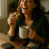 Berry Pie Cookies Lifestyle Moment Woman enjoying Berry Flavored Cannabis Cookies with coffee - Moonrock Edibles
