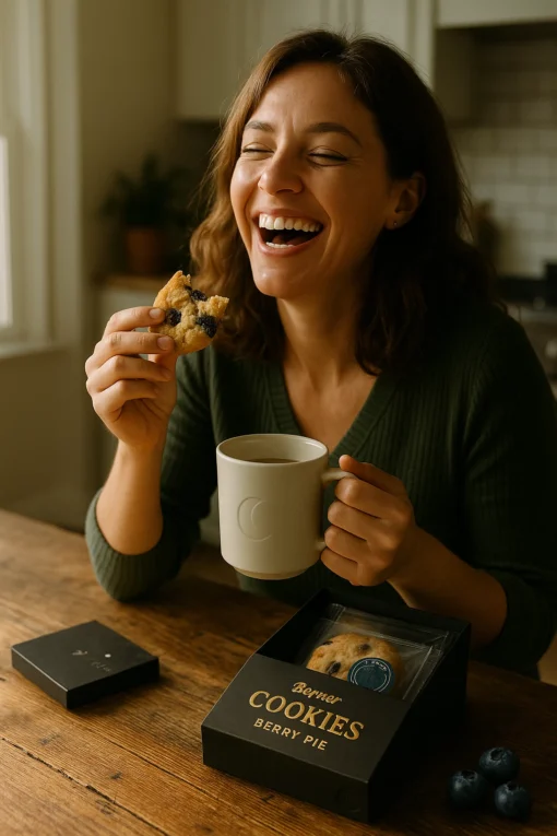 Berry Pie Cookies Lifestyle Moment Woman enjoying Berry Flavored Cannabis Cookies with coffee - Moonrock Edibles