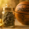 Lab-Verified Gary Payton Cookies Strain (28-30% THC) Lab technician examining Gary Payton Cookies Strain trichomes under light with Moonrock logo on lab coat