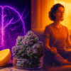 Gary Payton Strain Effects Phases: Creative → Focused → Relaxed Split-screen visualization of Gary Payton Cookies Strain effects: cerebral energy to body relaxation with holographic Moonrock logo