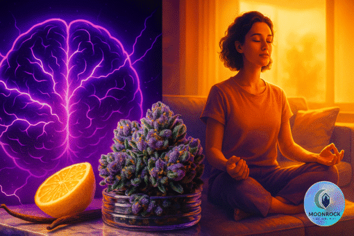 Gary Payton Strain Effects Phases: Creative → Focused → Relaxed Split-screen visualization of Gary Payton Cookies Strain effects: cerebral energy to body relaxation with holographic Moonrock logo