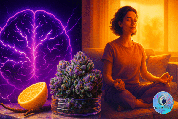 Split-screen visualization of Gary Payton Cookies Strain effects: cerebral energy to body relaxation with holographic Moonrock logo