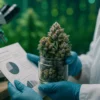 Lab-Verified Gary Payton Cookies Strain (28-30% THC) Lab technician examining Gary Payton Cookies Strain trichomes under light with Moonrock logo on lab coat