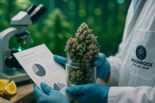 Lab-Verified Gary Payton Cookies Strain (28-30% THC) Lab technician examining Gary Payton Cookies Strain trichomes under light with Moonrock logo on lab coat