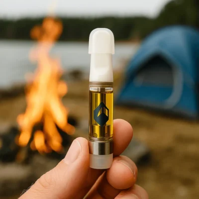 Hand holding Moonrocks Clear Cart vape cartridge by a campfire with tent in background — premium THC oil lifestyle scene for outdoor cannabis use
