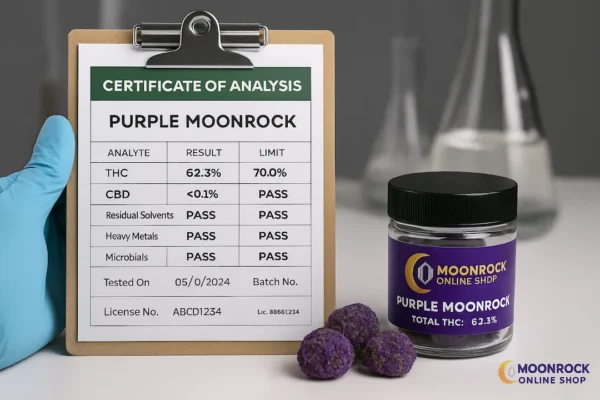 Certificate of Analysis (COA) showing 70.1% THC lab-tested Purple Moonrock from Moonrock Online Shop with verified purity, safety, and cannabinoid profile.