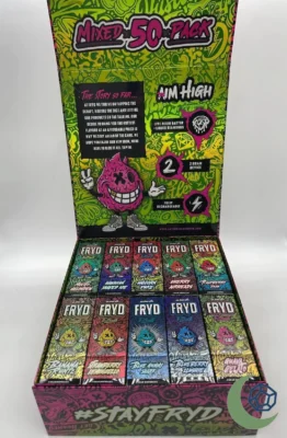 Authentic FRYD disposable vape carts – mixed 50-pack display with multiple flavors including Hawaiian Shaved Ice, Unicorn Punch, Cherry Airheads, and Blue Gummy Shark – premium 2g live resin devices, Moonrock Online Shop branding