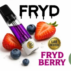 FRYD Berry disposable vape cartridge with vibrant purple oil, fresh strawberries and blueberries, lab tested badge, and Moonrock Online Shop logo on white background