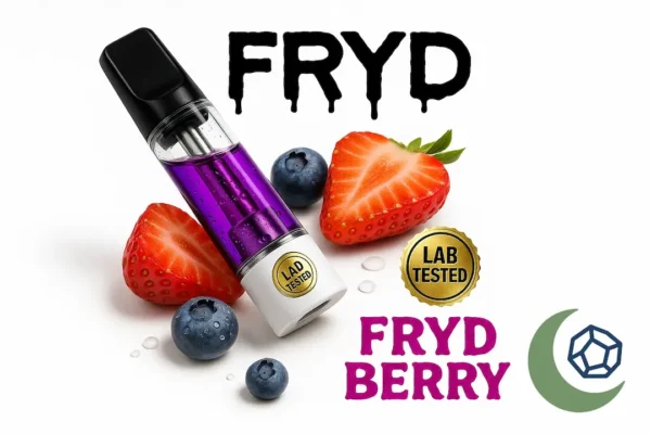 FRYD Berry disposable vape cartridge with vibrant purple oil, fresh strawberries and blueberries, lab tested badge, and Moonrock Online Shop logo on white background