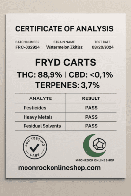 Alt TextCertificate of Analysis for FRYD Carts Watermelon Zkitlez flavor showing THC 88.9%, CBD <0.1%, Terpenes 3.7%, with pesticide, heavy metal, and solvent tests all passing – Moonrock Online Shop branding.