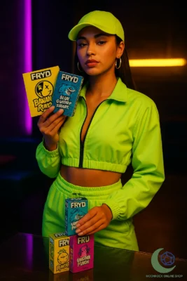 Lifestyle photo of a stylish young woman in a neon green tracksuit and cap, holding multiple FRYD disposable vape boxes including Banana Runtz, Blue Gummy Shark, and Unicorn Punch, with Moonrock Online Shop branding in a neon-lit lounge setting.
