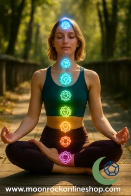 Young woman meditating in lotus position on a wooden path in a sunlit forest, with glowing chakra symbols aligned along her body and Moonrock Online Shop branding.