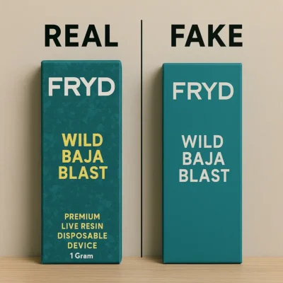 Side-by-side comparison of real and fake FRYD Wild Baja Blast vape cart packaging, showing authentic box with textured design and fake box with plain design, on a wooden table background.