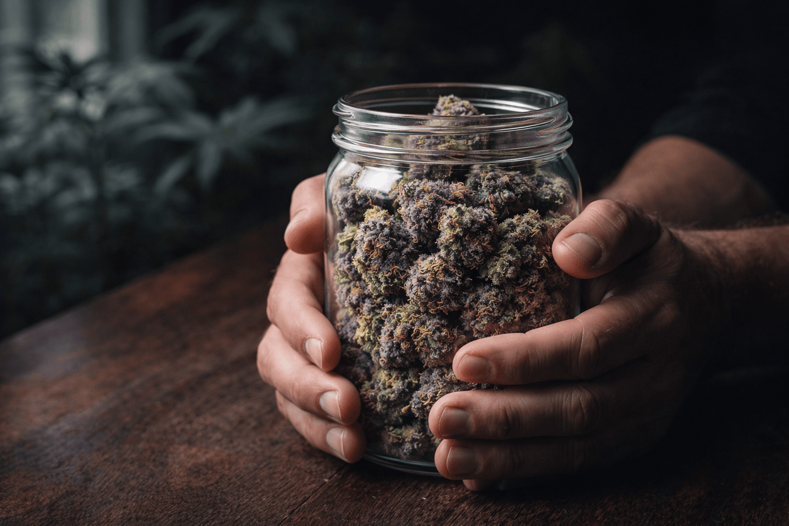 Experienced user holding a glass jar of premium purple and green cannabis flower with heavy trichomes on a dark wooden table