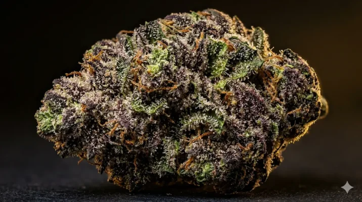 Extreme macro of ultra-potent cannabis trichomes on purple and lime green nug