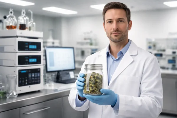 Scientist holding a jar of cannabis flower in a modern laboratory with HPLC testing equipment for quality control