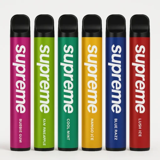 Supreme Disposable Vapes – Assorted Flavors (Studio Pack, 6 Colors) Six Supreme disposable vapes in assorted colors and flavors on a white studio background.