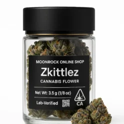 Zkittlez cannabis flower in a clear jar with matte black lid, front label showing Net Wt 3.5 g and CA THC symbol, with two frosty buds displayed on pure white — Moonrock Online Shop.