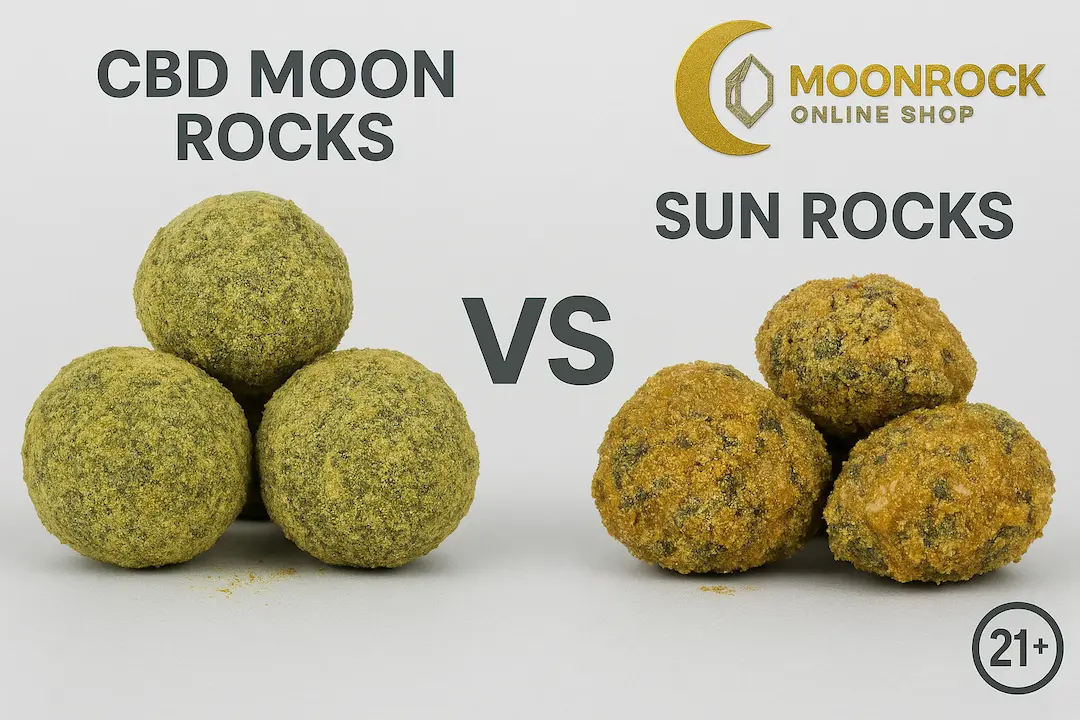 CBD Moon Rocks vs Sun Rocks side-by-side comparison with Moonrock Online Shop branding.