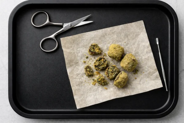 Moonrocks prep tools with scissors, parchment paper, and broken moonrock pieces on a rolling tray