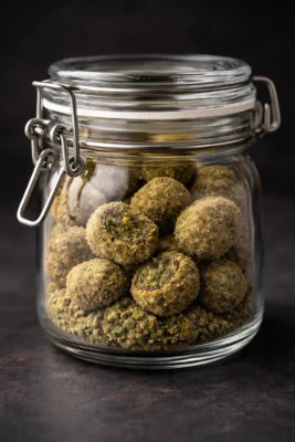Sealed glass jar of moonrocks stored upright on a dark background for proper freshness and protection