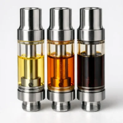 Close-up macro of three cannabis vape cartridges on a white surface showing clear gold distillate, amber live resin, and dark live rosin oil with sharp focus and soft studio lighting.