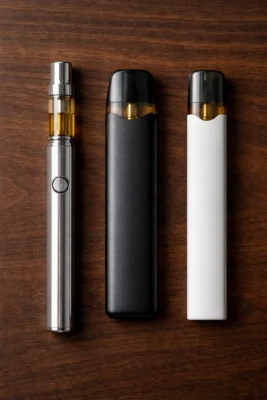 Top-down flat lay of three cannabis vaping devices on a dark wooden surface: a 510 thread battery with cartridge attached, a pod system device, and a disposable vape pen, arranged neatly with soft natural lighting and no visible branding.