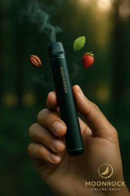 Hand holding disposable vape pen with strawberry/mint vapor trails in nature | Buy Disposable Vapes Online