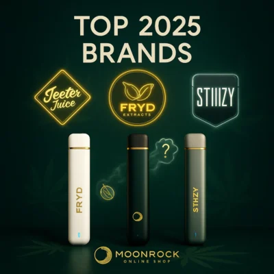 Top Disposable Vape Brands 2025 - Jeeter, Fryd, Stiiizy logos on dark green geometric background