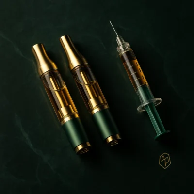 Premium cannabis vape cartridges and refill syringe on dark green marble background. Golden THC oil, ceramic tips, 510 thread. Minimalist product photo.