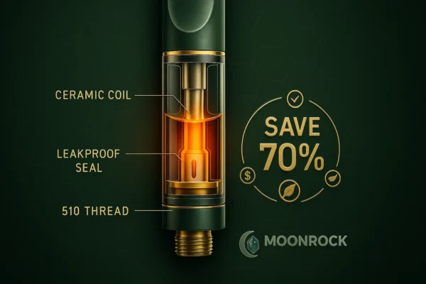 Cross-section diagram of ceramic coil cannabis vape cartridge. Labels: Ceramic Coil, Leakproof Seal, 510 Thread. Dark green tech background.