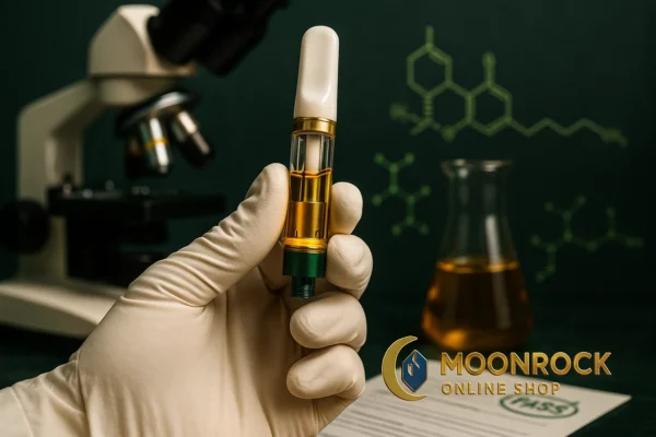 Lab scientist testing cannabis vape cartridge. Microscope, beaker with golden oil, PASS lab report. Emerald green molecular background.