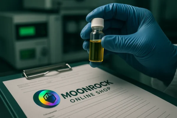 Scientist verifying Moonrock Clear Cartridge oil in laboratory with green LED equipment - ISO-certified cannabis testing