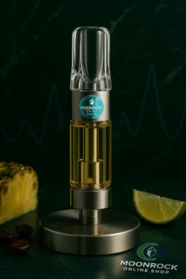 Moonrock Clear Cartridge with holographic seal on dark green marble background - lab-tested THC oil visible through glass