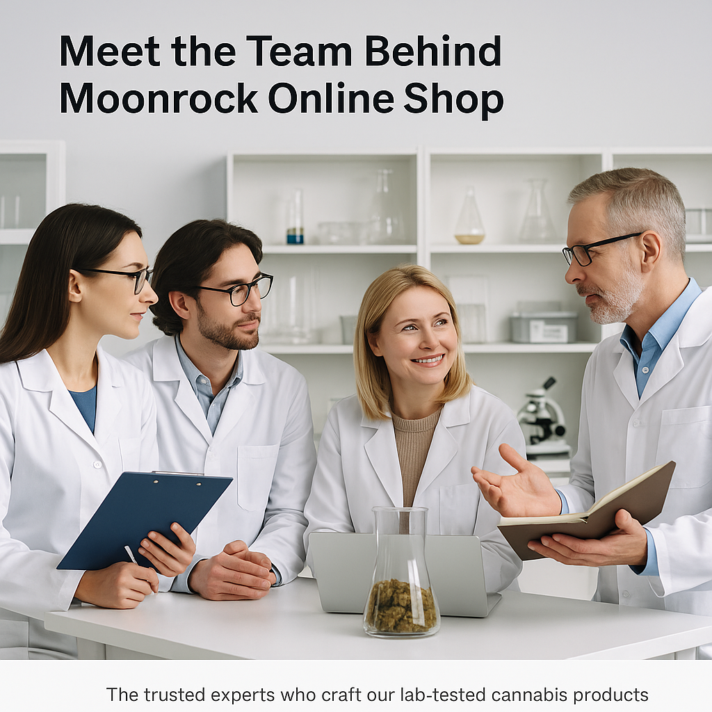 Moonrock Online Shop team discussing premium cannabis strategies in lab setting