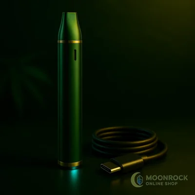 Premium dark green rechargeable vape pen with gold accents and USB-C charging cable