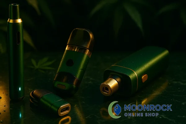 Collection of rechargeable vape pens and pod systems on dark green marble surface with cannabis leaf background